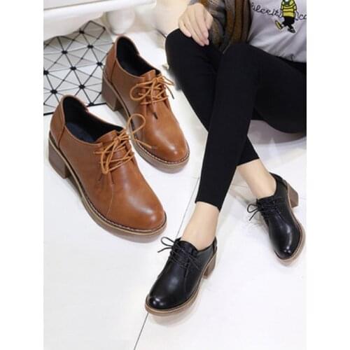 Spring And Autumn New Fashion Korean Style Small Leather Shoes All-Match Lace-Up Low-Top Ladies High Heels