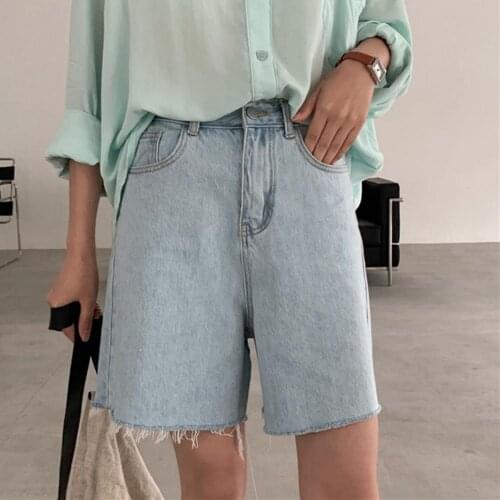 Solid color wide leg denim shorts women 2021 summer high waist loose straight jeans shorts women five-point pants Femme Shorts