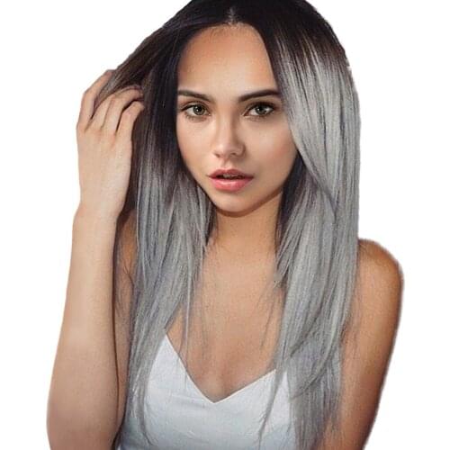 Womens Long Hair Wigs Black To Gray Ombre Wig For Halloween Cosplay Party