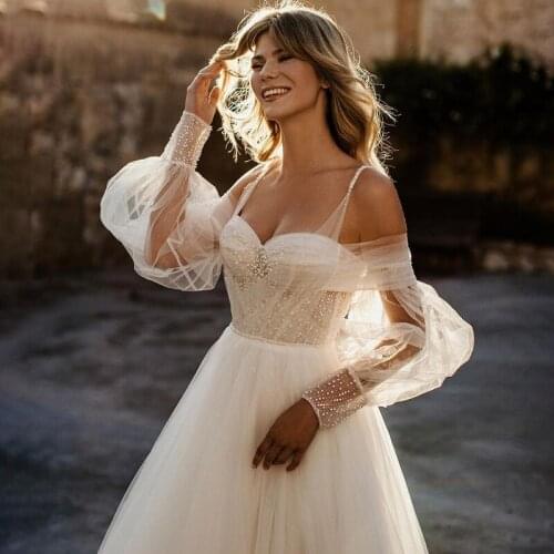 Gorgeous Off The Shoulder A-Line Champagne Lace Wedding Dress With Long Sleeves Luxurious Lace Bridal Gowns