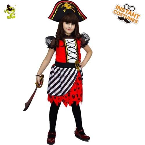 QLQ Girl Pirate Dress Costume Girl Halloween Carnival Fancy Dress Party Kids Stripe Pirate Cosplay Costume with Skeleton Hat