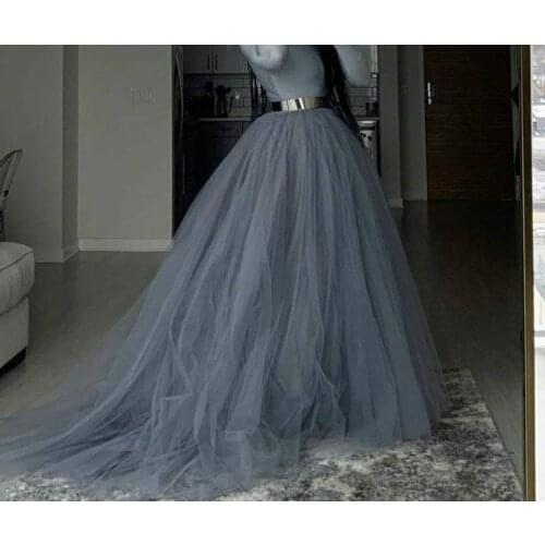 Puffy Tulle A Line Women Skirt Long Dark Grey Sweep Train Maxi Prom Skirts to Party Gown Ball Gown Elegant Wedding Skirt Custom