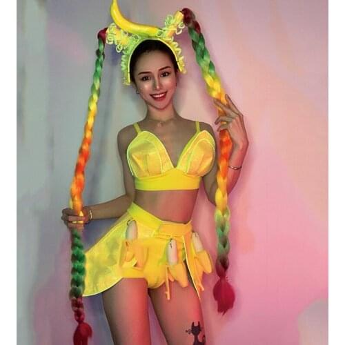 Skinned Banana Party Clothes Women Sexy Yellow Bikini Gogo Dancer Outfit Braid Set Birthday Rave Dj Wear Fruit Role-Play VDB3140