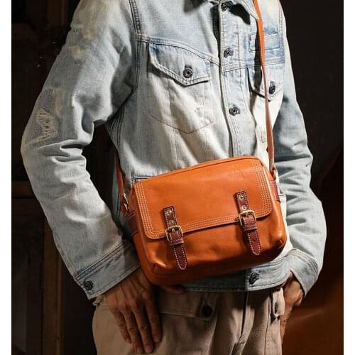 Retro fashion natural genuine leather unisex messenger bag head layer cowhide messenger bag square horizontal shoulder bag