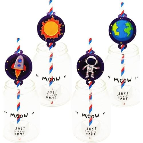 12pcs Rocket Astronaut Solar Space Kids Boy Girl Space Birthday Party Decoration Biodegradable Paper Straw Tube Eco Friendly