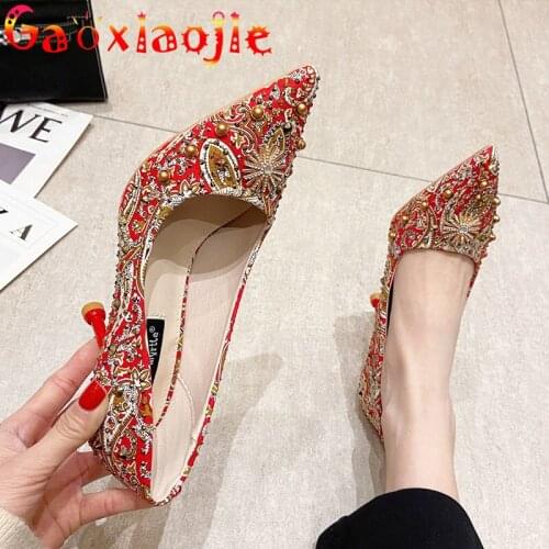 Glitter Diamond Women Pumps Red Print Cotton Fabric Chic Wedding Shoes Sexy Pointed End Easy Matching Party Office High-Heels