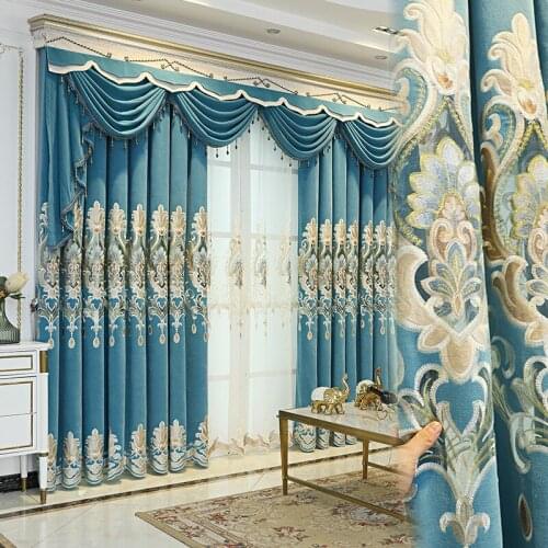 High-end BlueEuropean-style Hollow Embroidery Embroidery Curtains for Living Room Jane Ochenille classical Curtains Valance