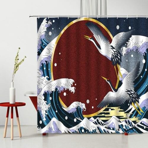 Japanese-Style Bath Curtain Waves Cherry Blossoms Pattern Shower Curtains Set Mildew Proof Bathroom Partition Multiple Size