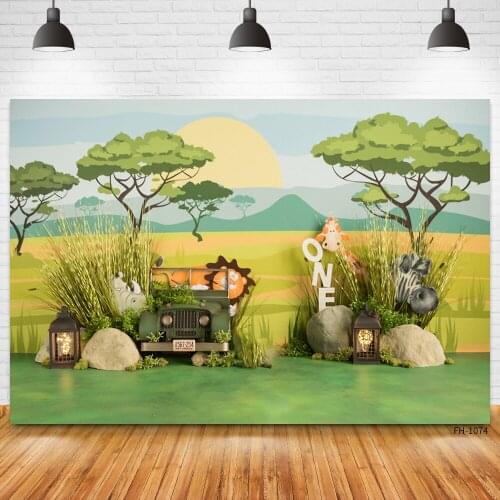 Green Grass Sunrise Wild Animal 1st Birthday Party Background For Photo Studio Newborn Portrait Baby Shower Photography Backdrop
