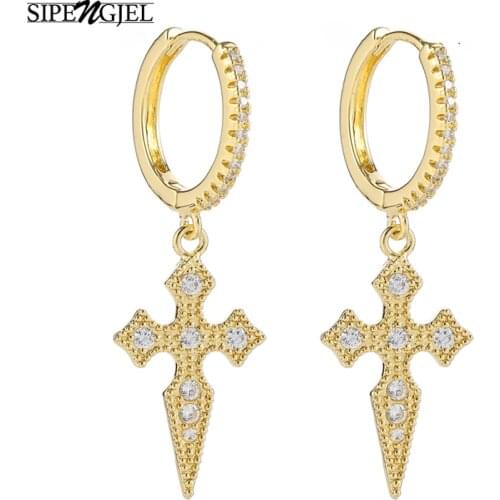 SIPENGJEL Fashion Cubic Zircon Large Cross Dangle Earrings Gold Color Punk Vintage Gold Hoop Earrings For Women Jewelry