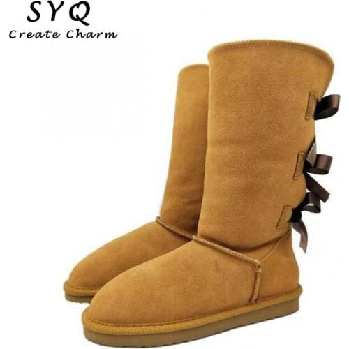 Hot Australian Style Women Snow Boots 3-bow Back Winter Genuine Cowhide Leather Warm Boots Shoes Big Size 3-14 Free Shipping