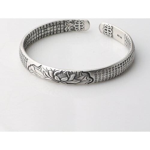 925 Sterling Silver Cuff Bracelet Vintage Simple Lotus Flower Religious Jewelry Thai Silver Party Accessories for Women