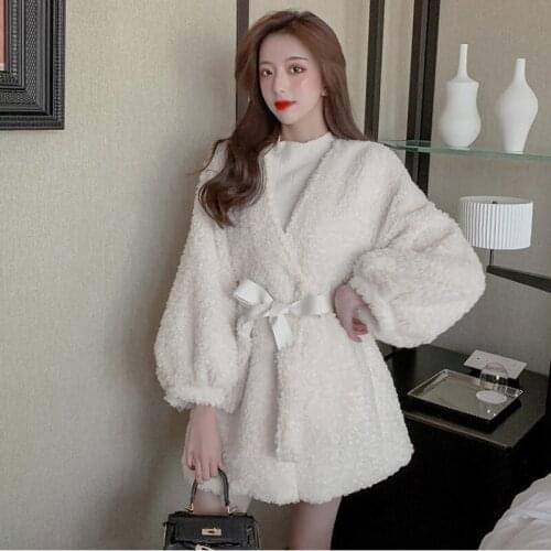 Women Lamb Terry Hoop Coat Beige Female 2021 New Fashion Clothig Fake Fur Student Autumn