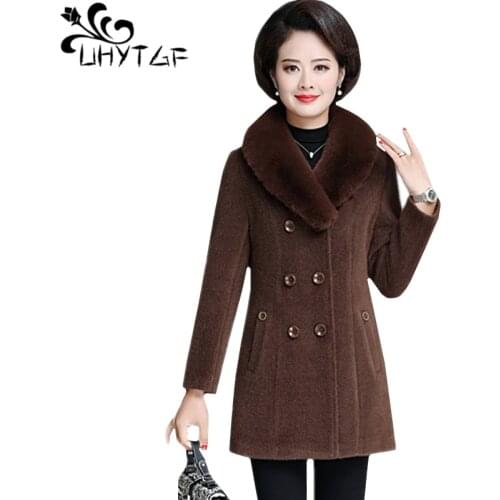 UHYTGF Womens winter coat quality Mink Cashmere wool coat fur collar 5XL plus size jacket female thick autumn woolen jacket 1051