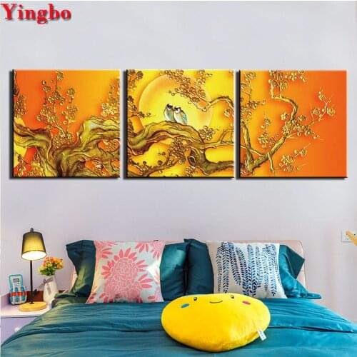 3 pcs diy full round square diamond embroidery Bird And Tree diamond painting mosaic triptych painting rhinestones 5d art