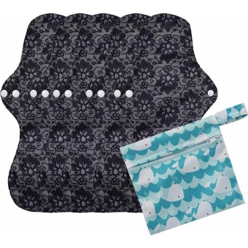 5pcs Heavy Flow Cloth Night Menstrual Pads with One Waterproof Storage Bag, Super Soft Reusable Printed Sanitary Towel