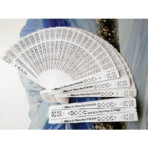 50pcs Sandalwood White Wedding Fan Favors Personalized Folding Hand Fan With Bride Groom Name & Date