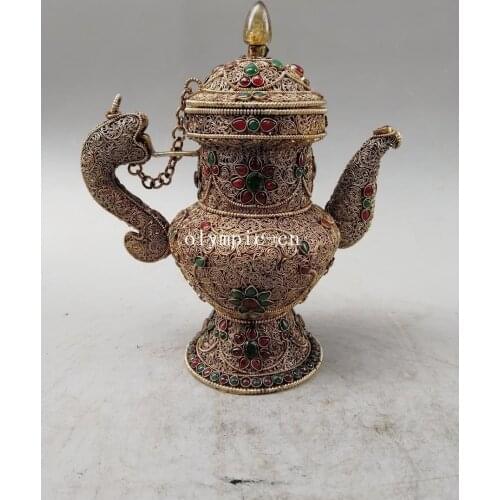 8.5'' Nepal tibet Silver filigree green red gemstone buddhism dragon teapot pot