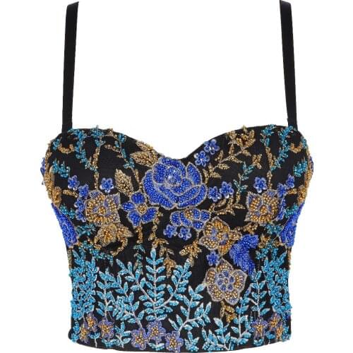 Atoshare 3d Beaded Flowers Crop Top Women Vintage Blue Corset Bras Music Festive Clothing 2021