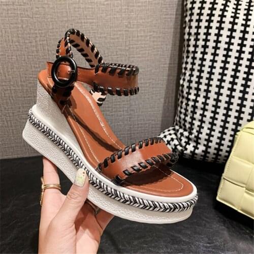Retro Genuine Leather Shoes Women Sandals Casual Wedge Sandals Women High Heels Platform Shoes Summer High Quality