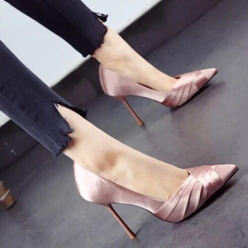 European and American satin pink wedding shoes 2020 spring new sharp heel high heels simple shallow single shoe female OL