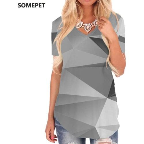 SOMEPET Cube T Shirt Women Abstract Tshirts Printed Psychedelic V-neck Tshirt Geometry T-shirts 3d Womens Clothing Punk Rock