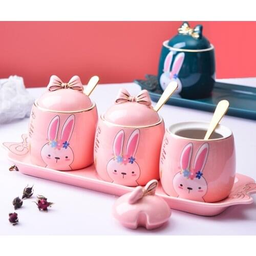 Ceramic Light Luxury Cute Cartoon Spice Jars Kitchen Seasoning Bottles with Spoon and Lid Moisture Proof Salt and Pepper Shakers