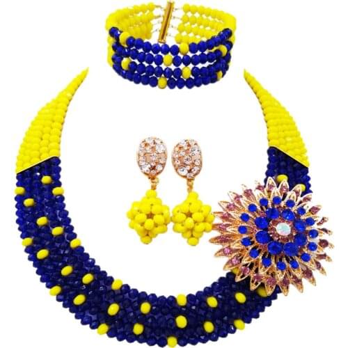 Classic opaque yellow and royal blue crystal bead african necklace set nigerian beads jewelry set
