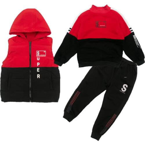 Autumn Winter Boys Contrast Color Sportswear Set Children Casual Warm Clothes Kids Hooded Zip Vest+ Sweatshirt+ Pants 3pcs Suit