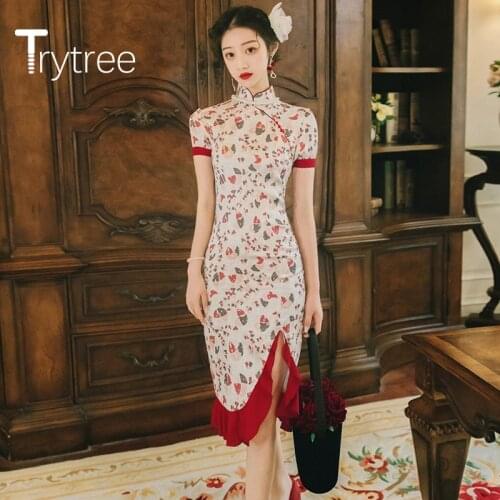 Trytree 2020 Summer Women Casual Dress Stand Collar Print Ruffles Split hem Fashion Slim fit Vintage Cheongsam Mid-Calf Dress