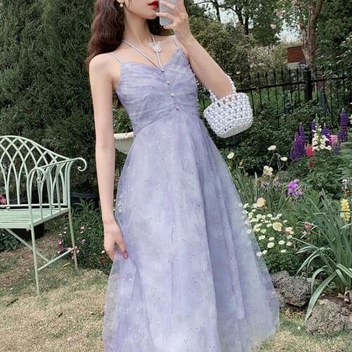 Summer Purple Elegant Strap Dresses Women Korean Kawaii Sleeveless Sweet Fairy Dresses Casual V-neck Sequins Party Dress
