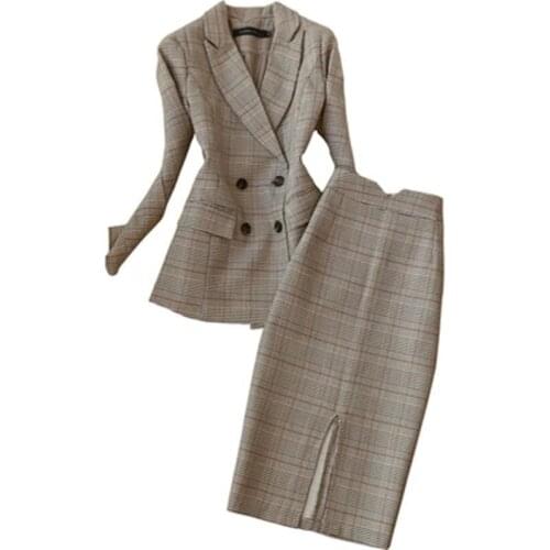 Fashion Plaid Set Female Spring New Temperament Business Plaid Long suit Blazers women with skirt OL two-piece suit female