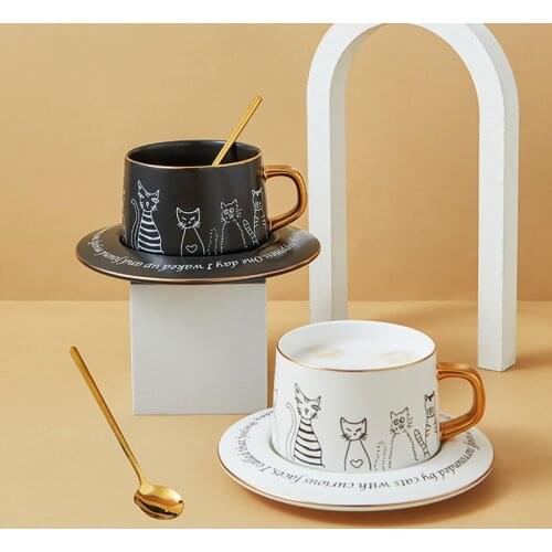 Cartoon Porcelain Cat Coffee Cup With Saucer Gold Spoon Modern Home Decor White Black Ceramic Tea Cup and Tray Cute Couple Gifts