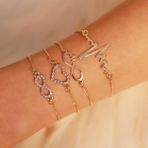 4 Pieces/Set Simple Heart Number 8 Electrocardiogram Crystal Gold Bracelets Set for Women
