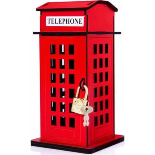 HLO 2021 New Red Telephone Booth Wooden Piggy Bank Money Saving Stylish Design MDF Healthy Affordable Gift for Kids Box