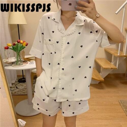 2021 Summer New Loose Sweet Lace Love Short Sleeve Printed Home Clothes Sleepwear Women Set Loungewear Turn-down Collar