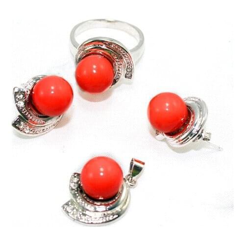 Wholesale nice christmas gift red Natural Stone 18kgp stud earring pendant ring(7.8.9) jewelry set