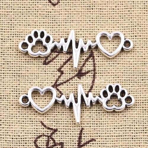 12pcs Charms ECG Heartbeat Connector Heart Dog Claw Link 12x34mm Antique Silver Color Pendant Making DIY Tibetan Finding Jewelry