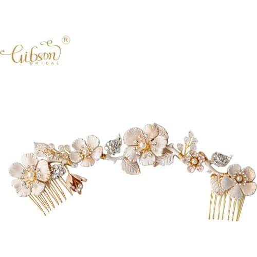2020 Collections Hand Painted Brass Floral Charms Buds Decorative Hairpin Tiara Hair Comb Wedding Hair Accessories Set