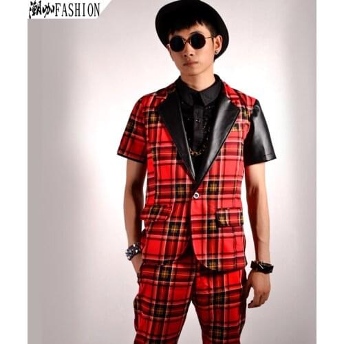 S-4xl ! 2015 New Korean Fashion Slim Scotland Red Plaid Spell Leather Short Sleeved Vest Ds Singer Performance Singer Costumes