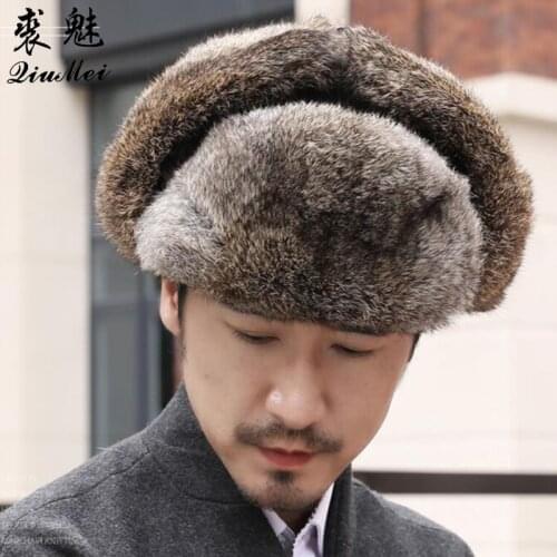 Genuine Leather Hats Sheepskin Men Women Winter Lining Cotton Hat Thick Warm Earflap Rabbit Fur Real Caps Bombers Ski
