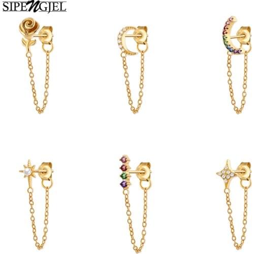 SIPENGJEL Fashion Sparking Rainbow Zircon Gold Chain Earring Simple Star Moon Flower Pierced Earrings For Women Jewelry