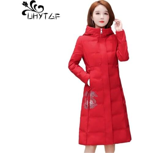 UHYTGF Quality Down Jacket Women 2021 Winter Coat Embroidered Ethnic Style Casual Long Outerwear Hooded Warm Plus Size Tops 1371