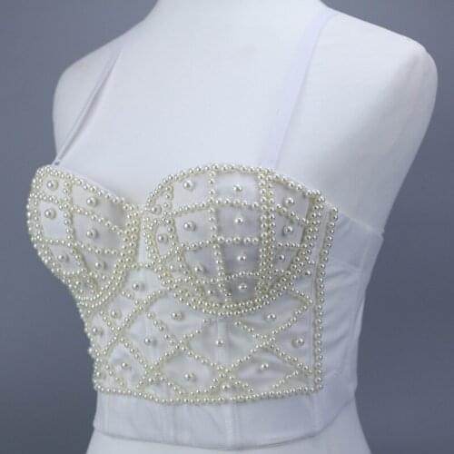Crop Tops For Women White Black Sexy Sleeveless Adjustable Pearl Camisole Bustier Clothing Push Up Short Style Bodycon Tops