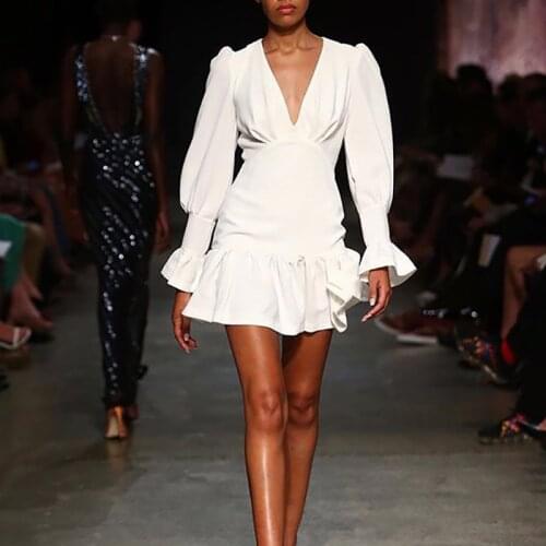 2021/41358 Summer Vintage Deep V Neck White Pleated Dress