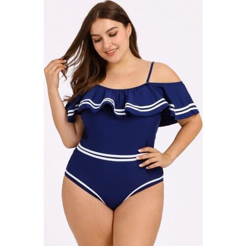 #Z45 Blue Ruffles Bikini 2020 Off Shoulder Womens Swimsuits Stripe Print Layered Ruffle Swimsuit Plus Size Swimwear Women