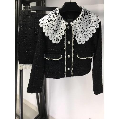 New ladies fashion 2021 plaid tweed suit doll collar waist coat + beaded skirt 2-piece set 1016