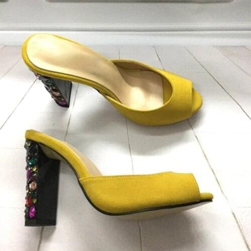 Summer Ladies Multi color Rhinestone Studs Chunky Heels Slingback Sandals Woman Peep toe high heels Crystal Slipper Street Shoes