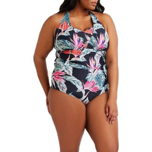 Womens Plus Size One Piece Swimsuit Swimming Costume Halter Swimwear Full Black Monokini Female Big Sizes Print Bathing Suit 4XL