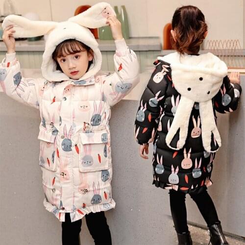 Lovly Rabbit Ear Hat Girl Parkas for Winter Warm Fur Outear Coats Mid Long 2021 New Child Long Cotton Coats Winter Outwear Girl